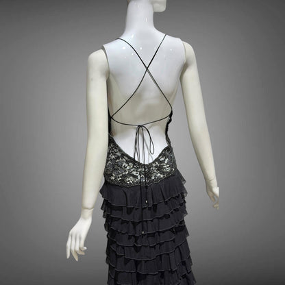 EMA SAVAHL Vintage Y2k evening dress gown, Black high low ruffle beaded cutout gown