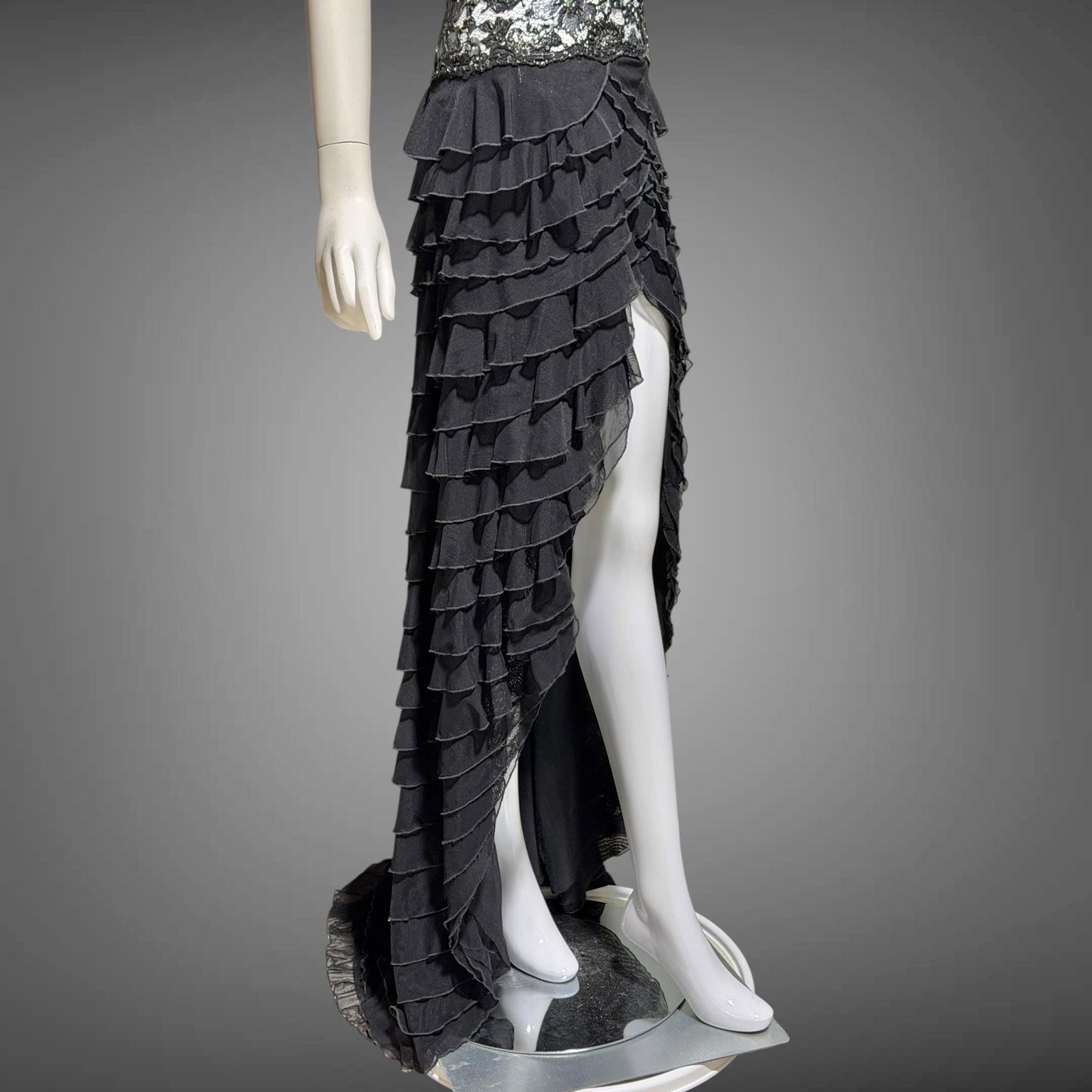 EMA SAVAHL Vintage Y2k evening dress gown, Black high low ruffle beaded cutout gown