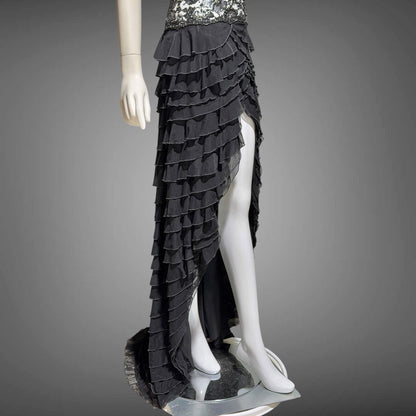 EMA SAVAHL Vintage Y2k evening dress gown, Black high low ruffle beaded cutout gown