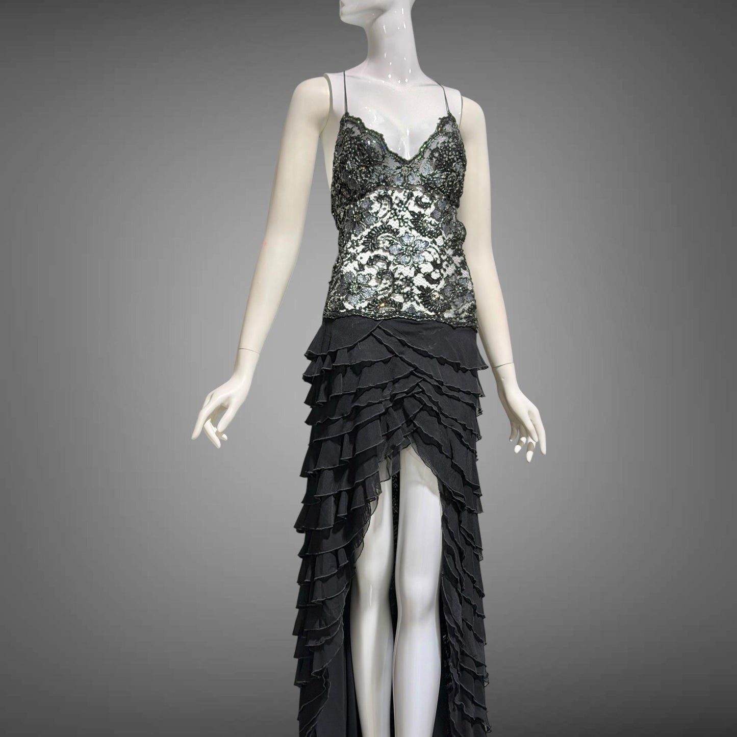 EMA SAVAHL Vintage Y2k evening dress gown, Black high low ruffle beaded cutout gown