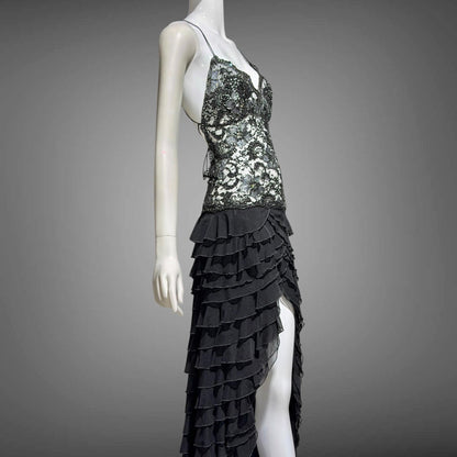 EMA SAVAHL Vintage Y2k evening dress gown, Black high low ruffle beaded cutout gown