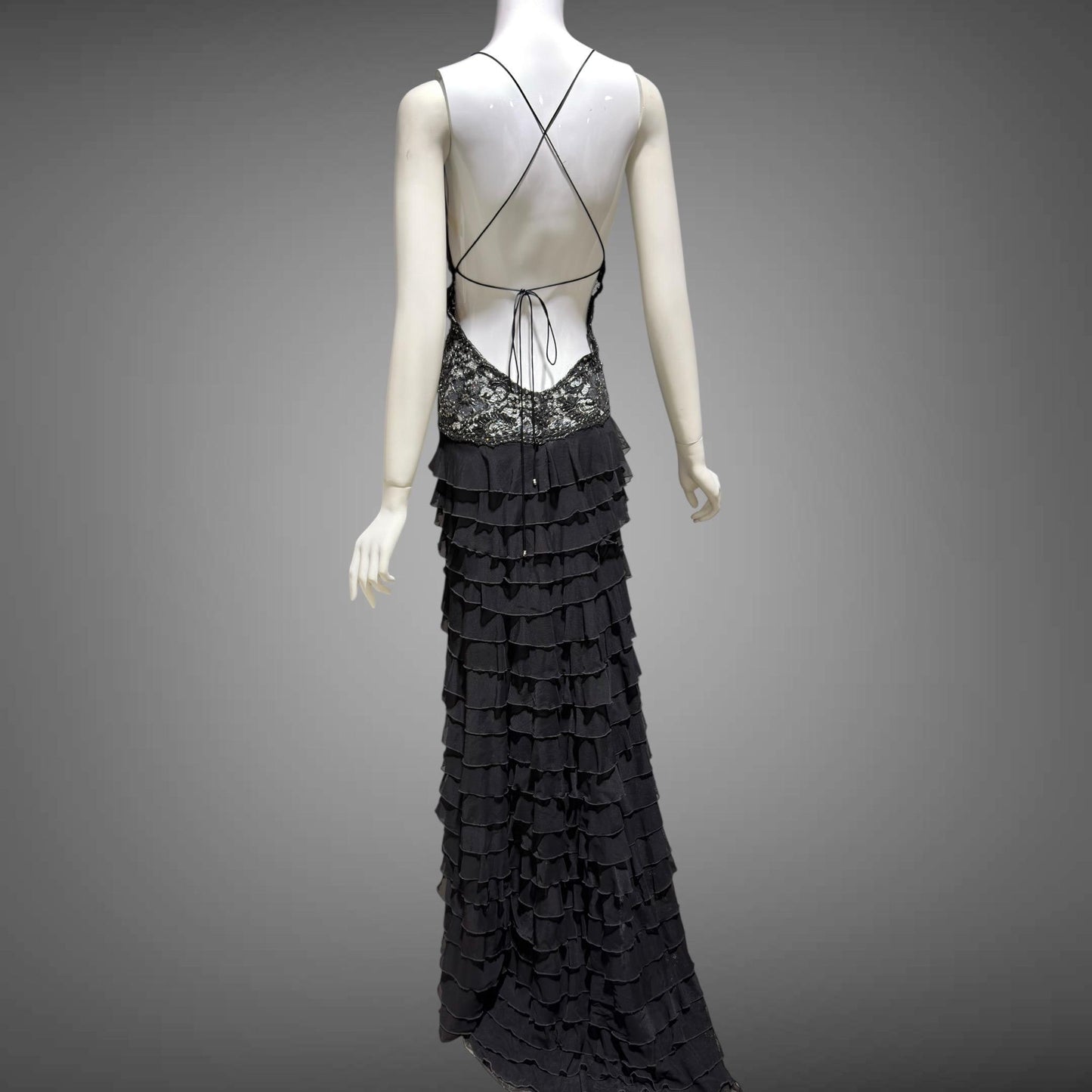EMA SAVAHL Vintage Y2k evening dress gown, Black high low ruffle beaded cutout gown