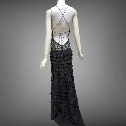 EMA SAVAHL Vintage Y2k evening dress gown, Black high low ruffle beaded cutout gown