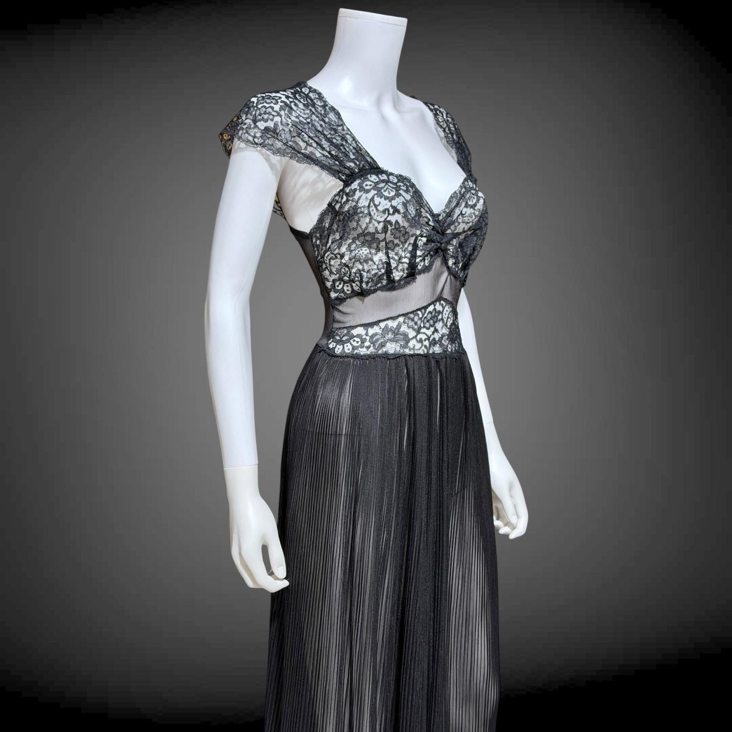 1940s vintage Nightgown Slip Dress, Sheer Black nylon and lace full length lingerie dress