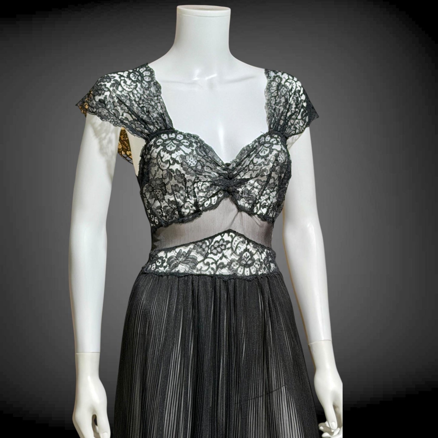 1940s vintage Nightgown Slip Dress, Sheer Black nylon and lace full length lingerie dress