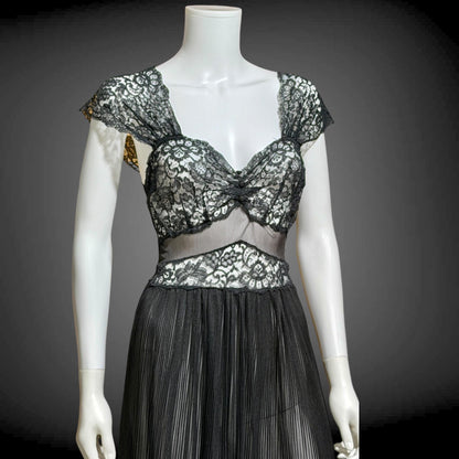 1940s vintage Nightgown Slip Dress, Sheer Black nylon and lace full length lingerie dress