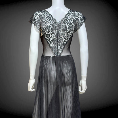 1940s vintage Nightgown Slip Dress, Sheer Black nylon and lace full length lingerie dress