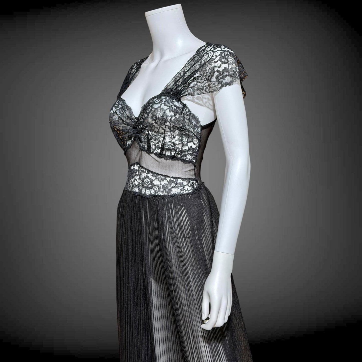 1940s vintage Nightgown Slip Dress, Sheer Black nylon and lace full length lingerie dress