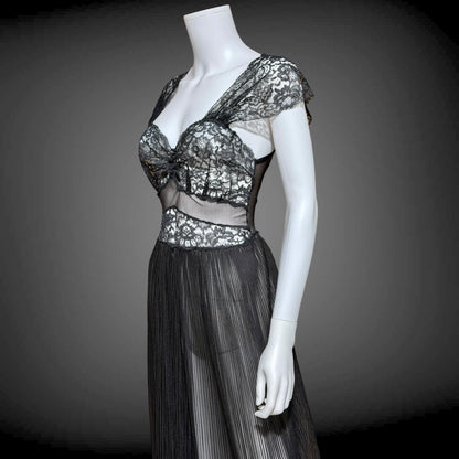 1940s vintage Nightgown Slip Dress, Sheer Black nylon and lace full length lingerie dress