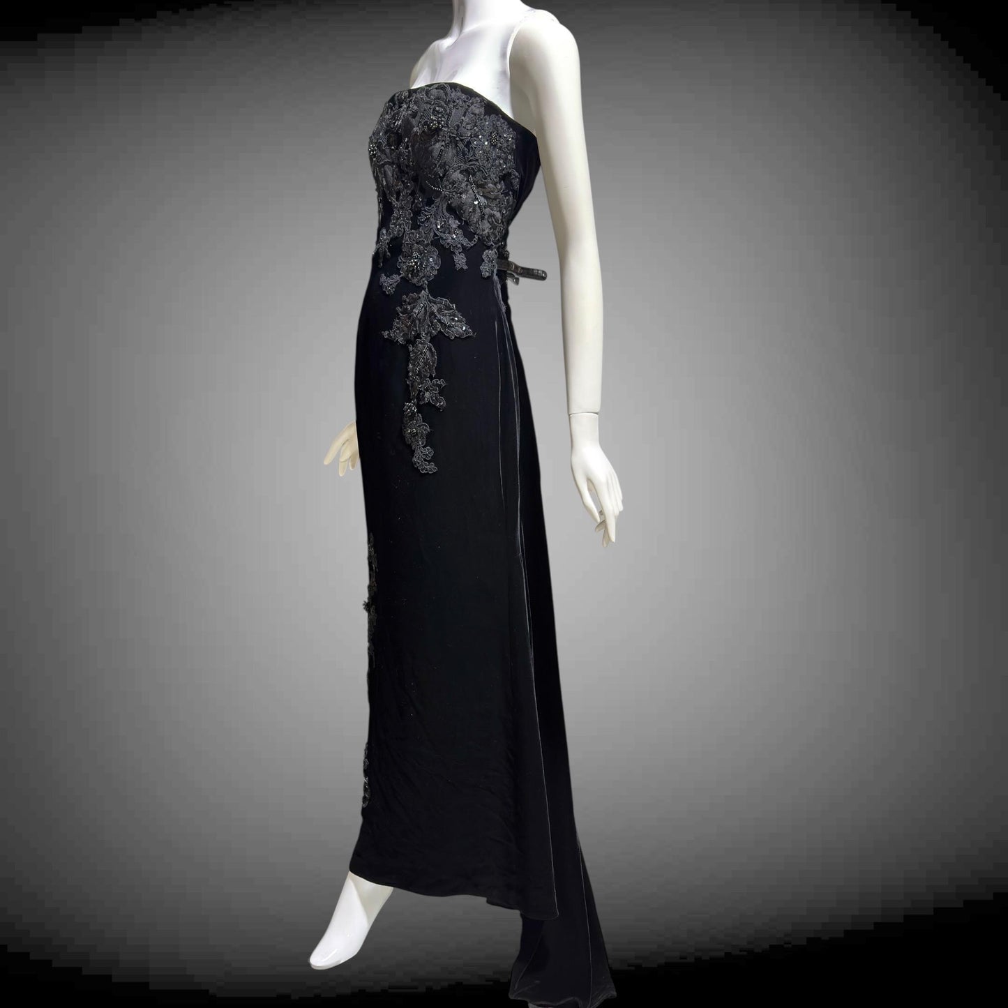 SAN CARLIN Vintage 1980s evening dress,  Black Velvet Beaded Strapless gown with train, Medium