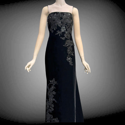 SAN CARLIN Vintage 1980s evening dress,  Black Velvet Beaded Strapless gown with train, Medium