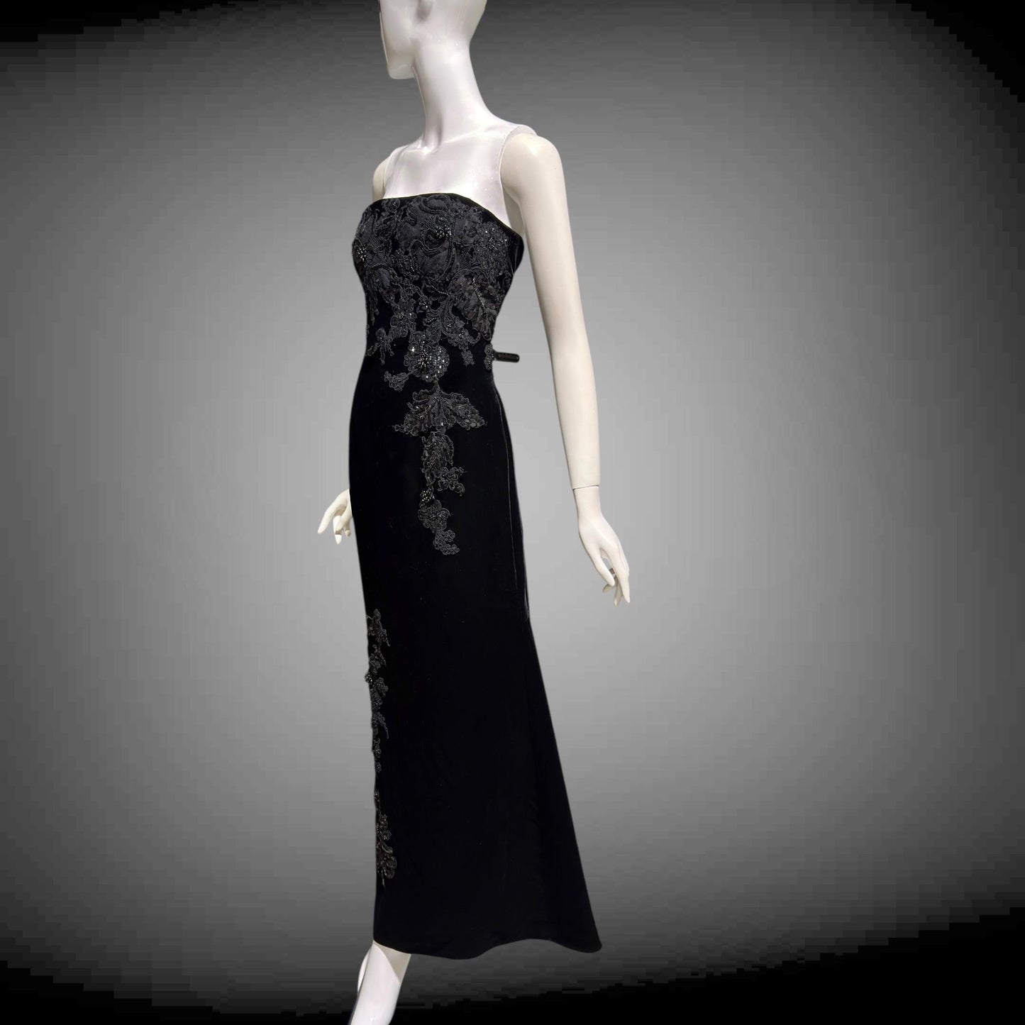 SAN CARLIN Vintage 1980s evening dress,  Black Velvet Beaded Strapless gown with train, Medium