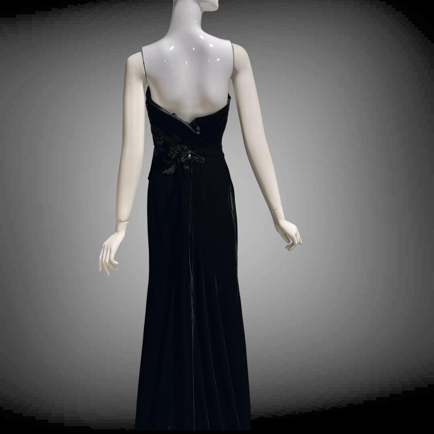 SAN CARLIN Vintage 1980s evening dress,  Black Velvet Beaded Strapless gown with train, Medium