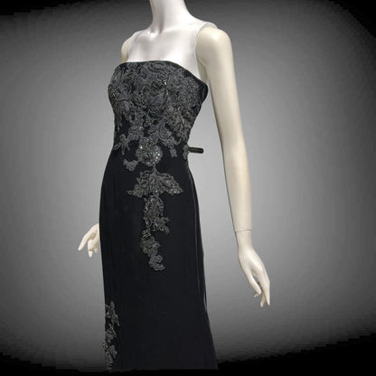 SAN CARLIN Vintage 1980s evening dress,  Black Velvet Beaded Strapless gown with train, Medium