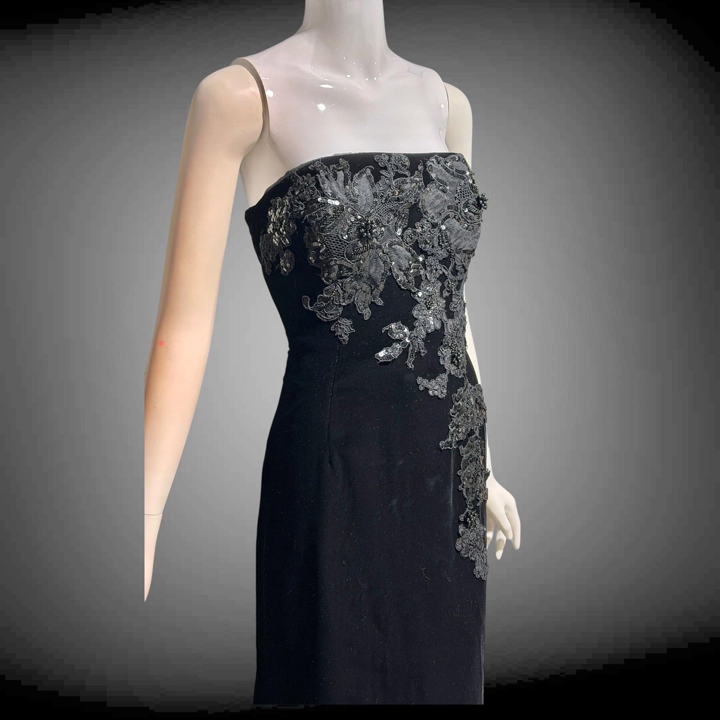 SAN CARLIN Vintage 1980s evening dress,  Black Velvet Beaded Strapless gown with train, Medium