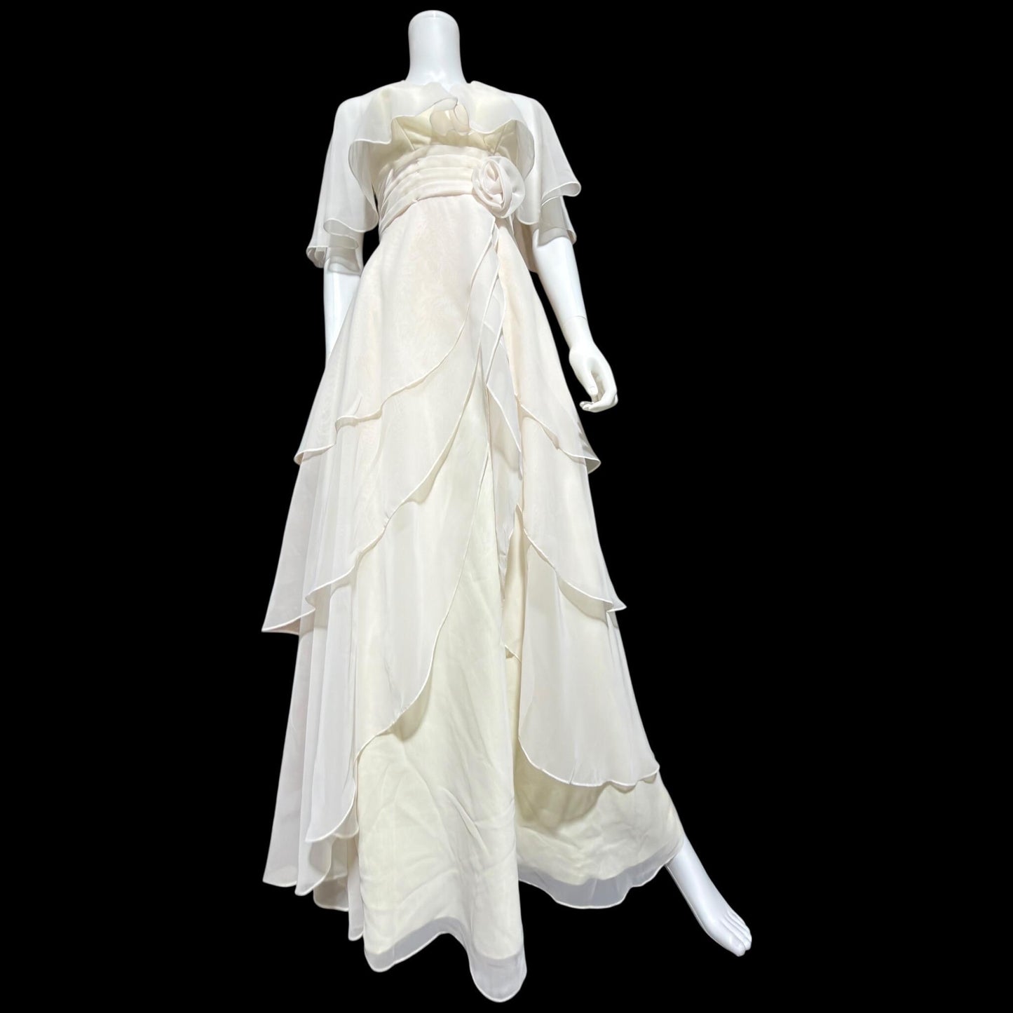 1970s vintage evening dress gown, Ruffle Cape Halter Chiffon Scarf Collar tiered Gown