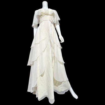 1970s vintage evening dress gown, Ruffle Cape Halter Chiffon Scarf Collar tiered Gown