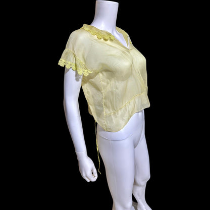 1930s Vintage blouse top, yellow sheer silk organza topper shirt