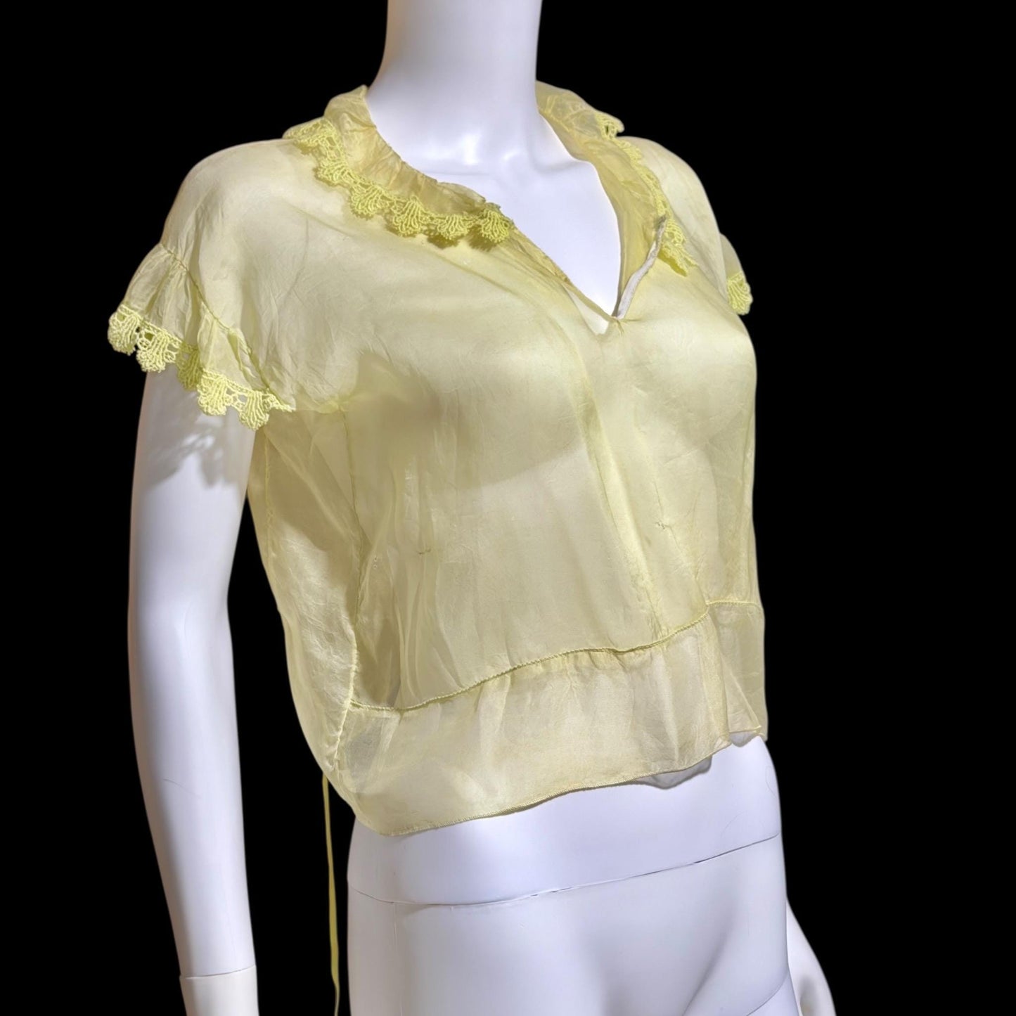1930s Vintage blouse top, yellow sheer silk organza topper shirt