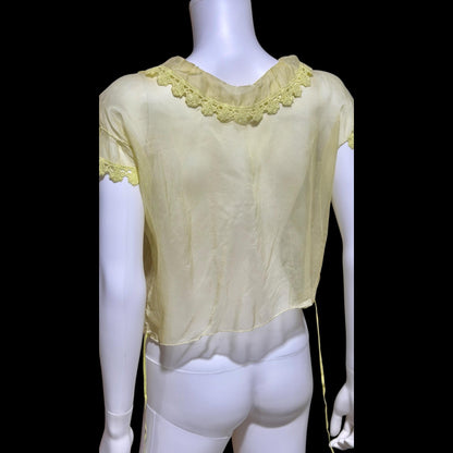 1930s Vintage blouse top, yellow sheer silk organza topper shirt