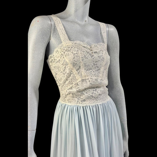LADY LEONORA Vintage 1940s Nightgown Slip dress, Blue & White Nylon lingerie dress