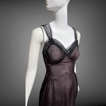 MUNSINGWEAR vintage 1950s Nightgown Slip Dress, Chocolate Brown nylon full length lingerie dress rhinestones
