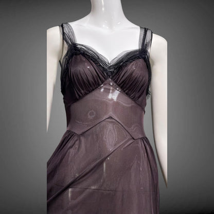 MUNSINGWEAR vintage 1950s Nightgown Slip Dress, Chocolate Brown nylon full length lingerie dress rhinestones