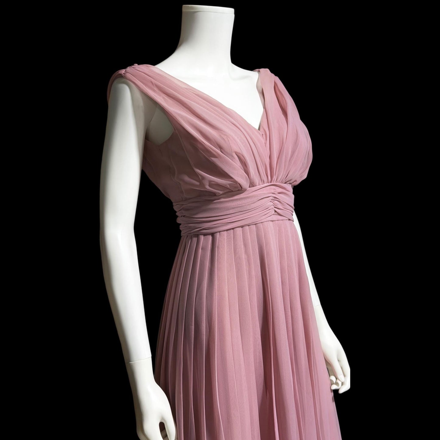 1960s vintage evening gown dress, dusty orchid pleated chiffon cocktail party dress