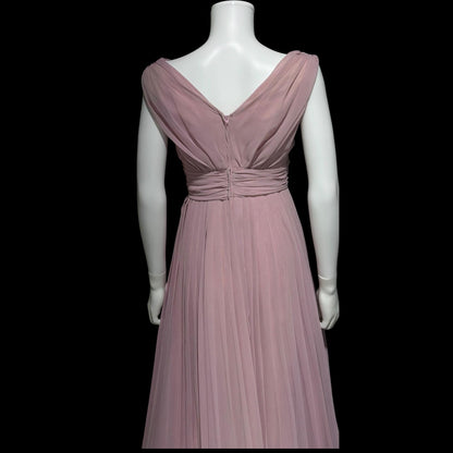 1960s vintage evening gown dress, dusty orchid pleated chiffon cocktail party dress