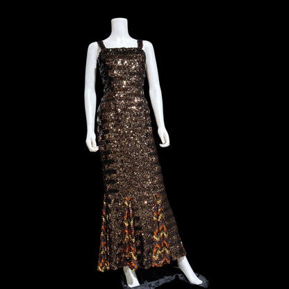 LILLI DIAMOND vintage designer evening dress gown, 1960s Brown sequin bodycon mermaid dress