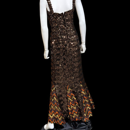 LILLI DIAMOND vintage designer evening dress gown, 1960s Brown sequin bodycon mermaid dress