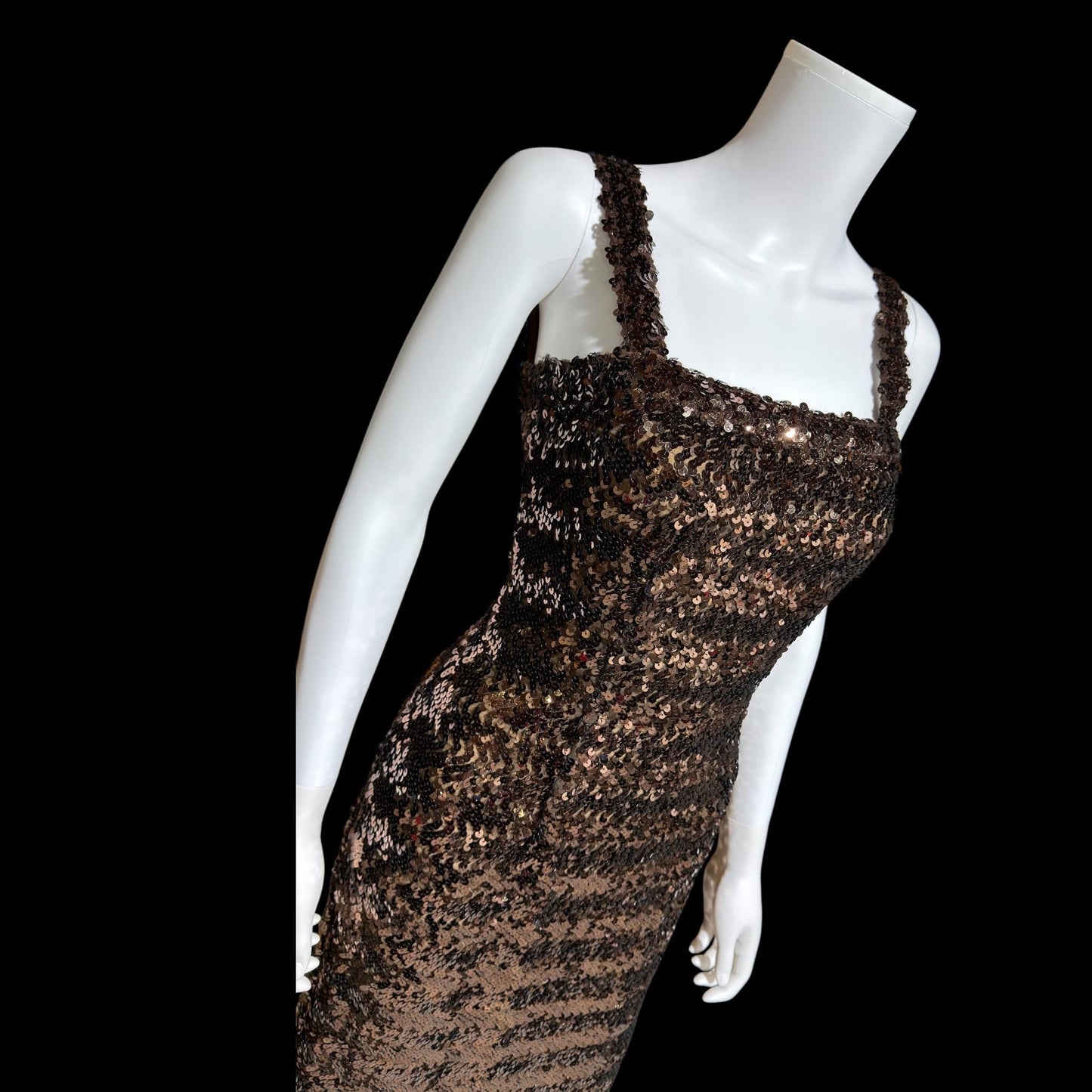 LILLI DIAMOND vintage designer evening dress gown, 1960s Brown sequin bodycon mermaid dress