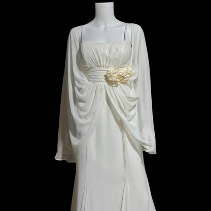 1980s Vintage wedding dress gown, Romantic white chiffon cape dress