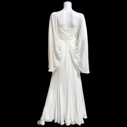 1980s Vintage wedding dress gown, Romantic white chiffon cape dress