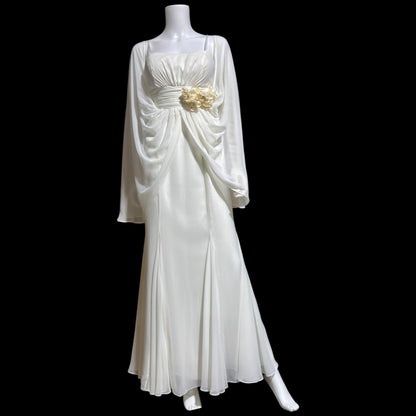 1980s Vintage wedding dress gown, Romantic white chiffon cape dress