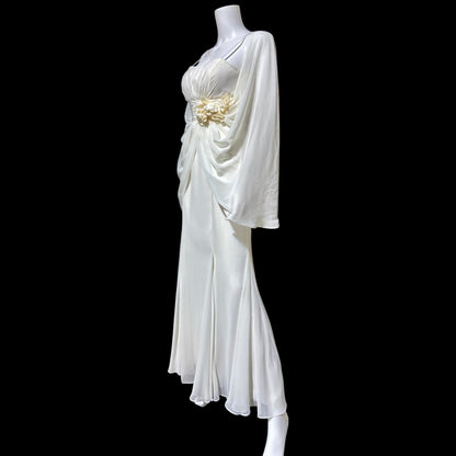1980s Vintage wedding dress gown, Romantic white chiffon cape dress