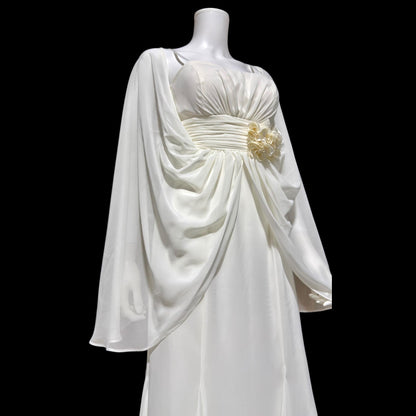 1980s Vintage wedding dress gown, Romantic white chiffon cape dress