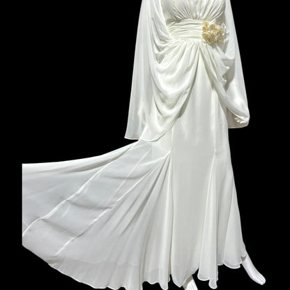 1980s Vintage wedding dress gown, Romantic white chiffon cape dress