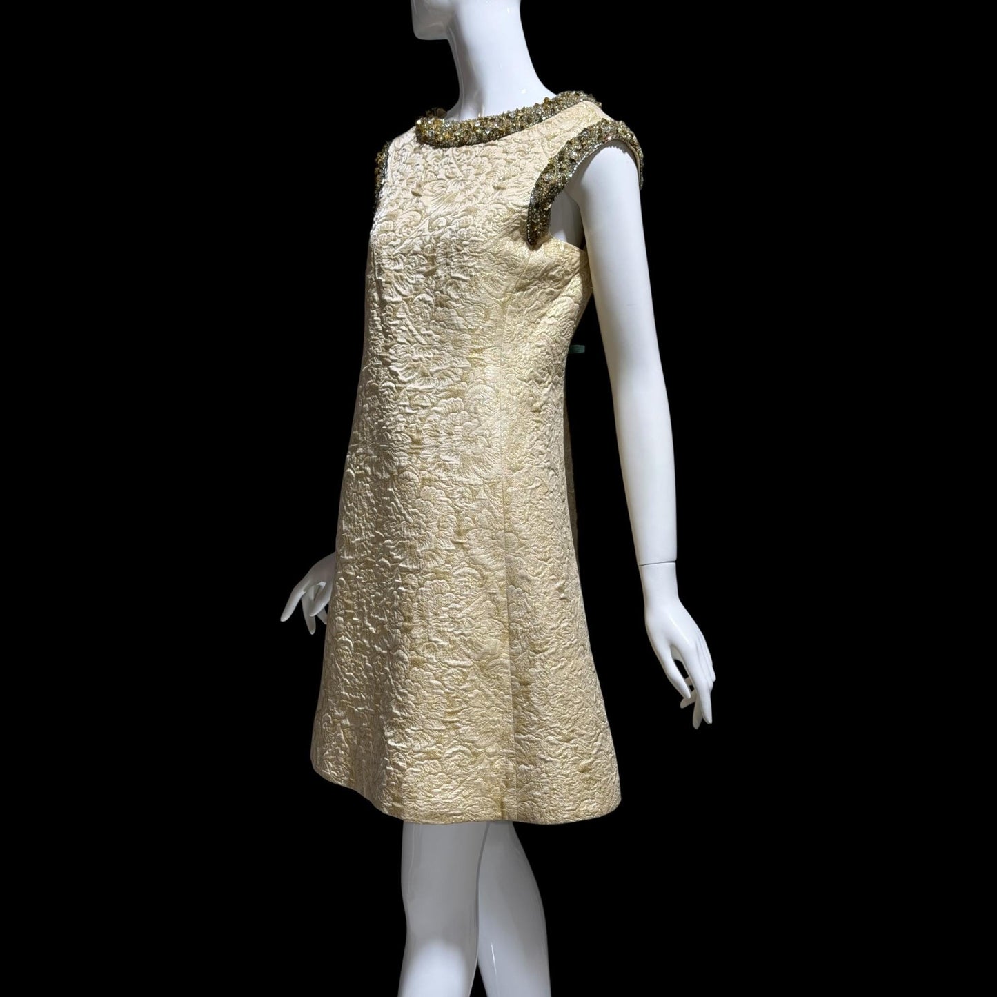 MR BLACKWELL CUSTOM Vintage 1960s Designer cocktail dress, Cates of Denver Boutique gold brocade mod shift dress