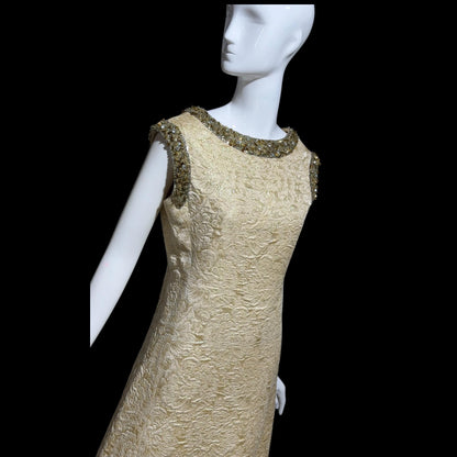 MR BLACKWELL CUSTOM Vintage 1960s Designer cocktail dress, Cates of Denver Boutique gold brocade mod shift dress