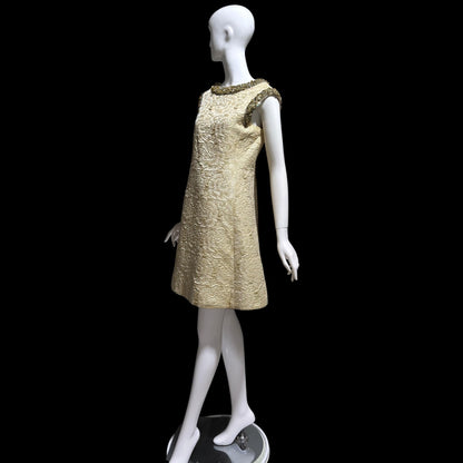 MR BLACKWELL CUSTOM Vintage 1960s Designer cocktail dress, Cates of Denver Boutique gold brocade mod shift dress