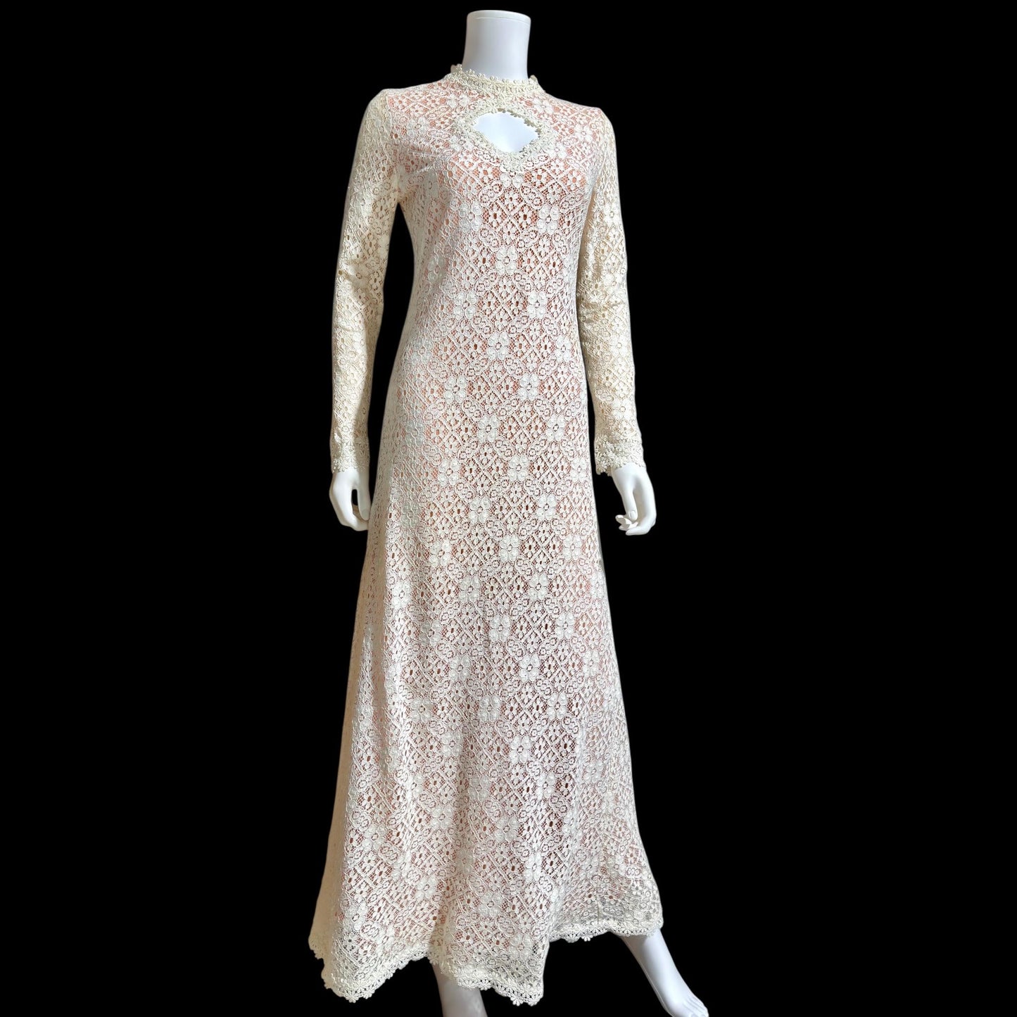 I MAGNIN vintage 1970s crochet maxi dress, Rebecca white cotton lace boho wedding dress