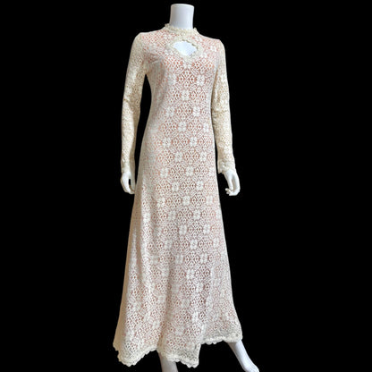 I MAGNIN vintage 1970s crochet maxi dress, Rebecca white cotton lace boho wedding dress