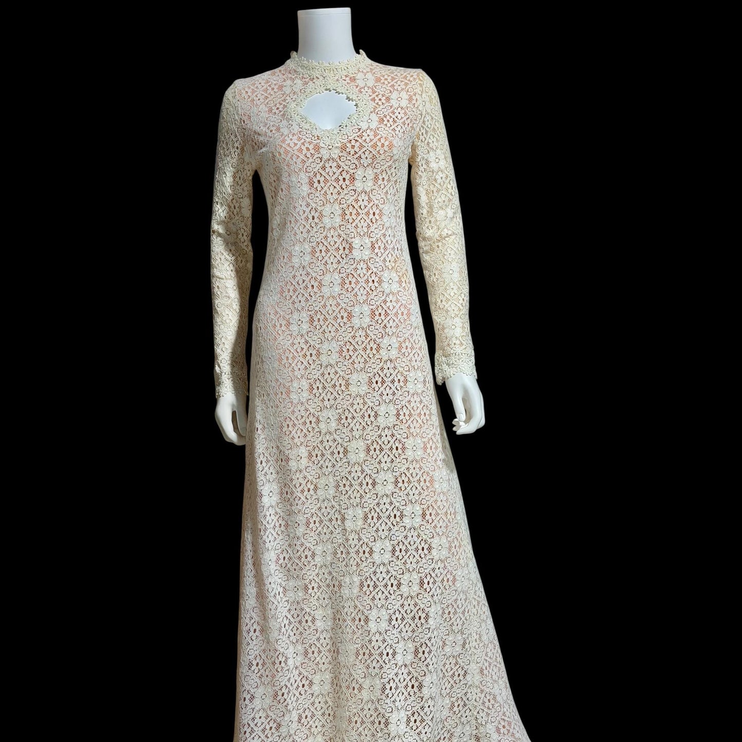 I MAGNIN vintage 1970s crochet maxi dress, Rebecca white cotton lace boho wedding dress