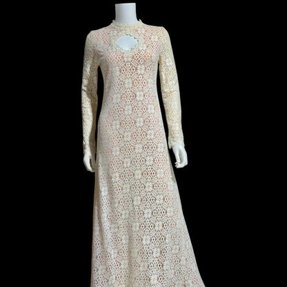 I MAGNIN vintage 1970s crochet maxi dress, Rebecca white cotton lace boho wedding dress