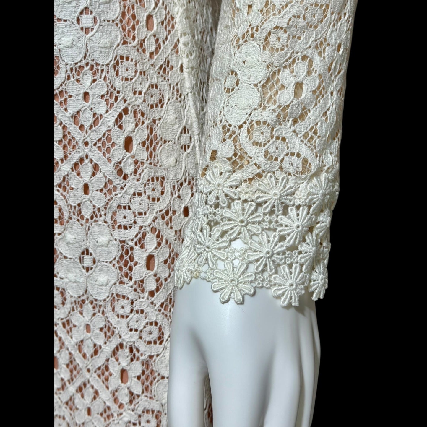 I MAGNIN vintage 1970s crochet maxi dress, Rebecca white cotton lace boho wedding dress
