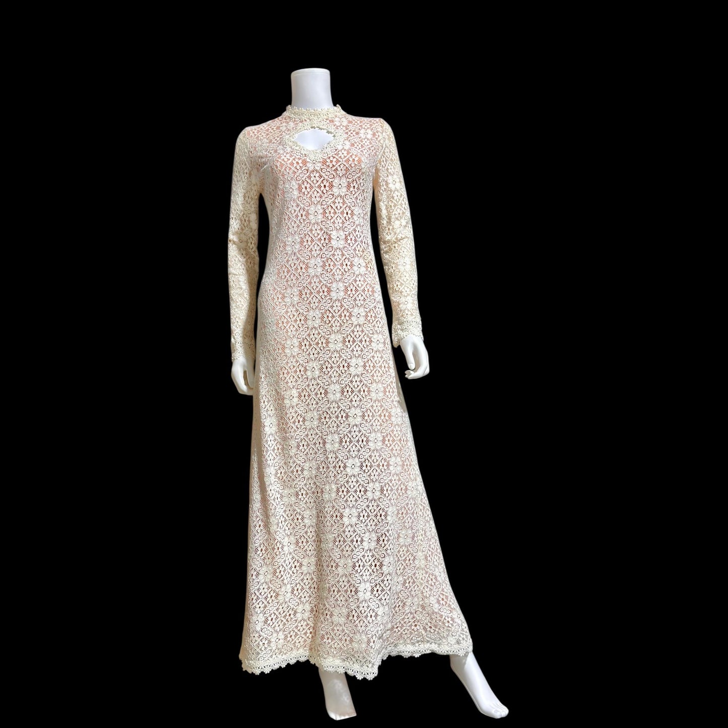 I MAGNIN vintage 1970s crochet maxi dress, Rebecca white cotton lace boho wedding dress