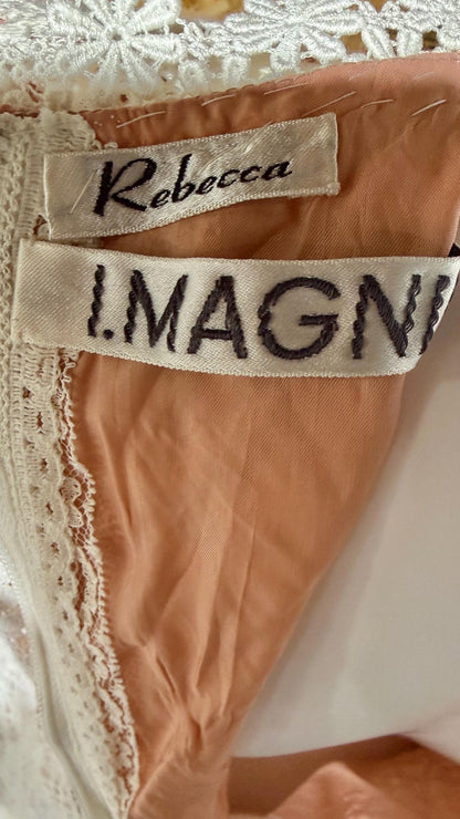 I MAGNIN vintage 1970s crochet maxi dress, Rebecca white cotton lace boho wedding dress