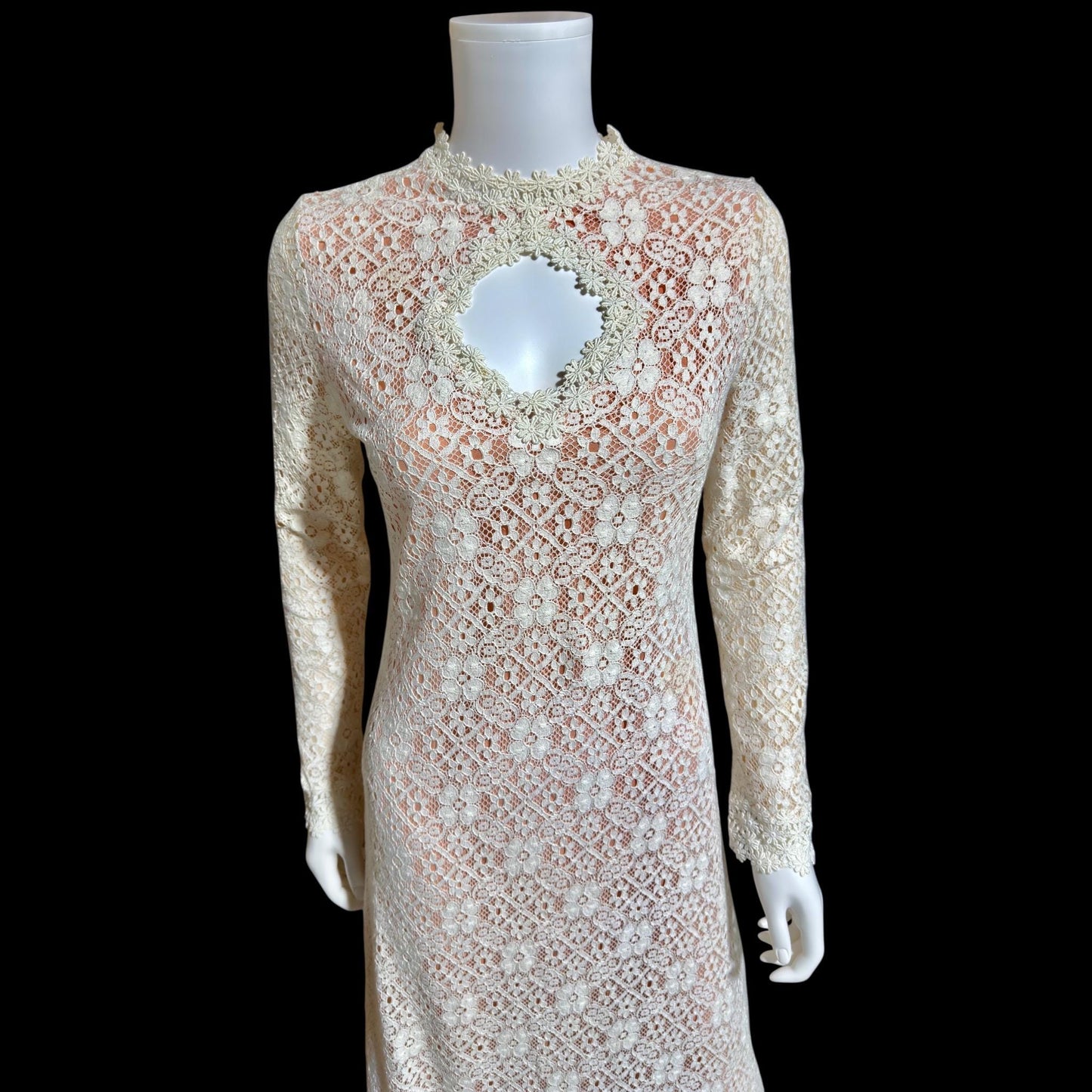 I MAGNIN vintage 1970s crochet maxi dress, Rebecca white cotton lace boho wedding dress