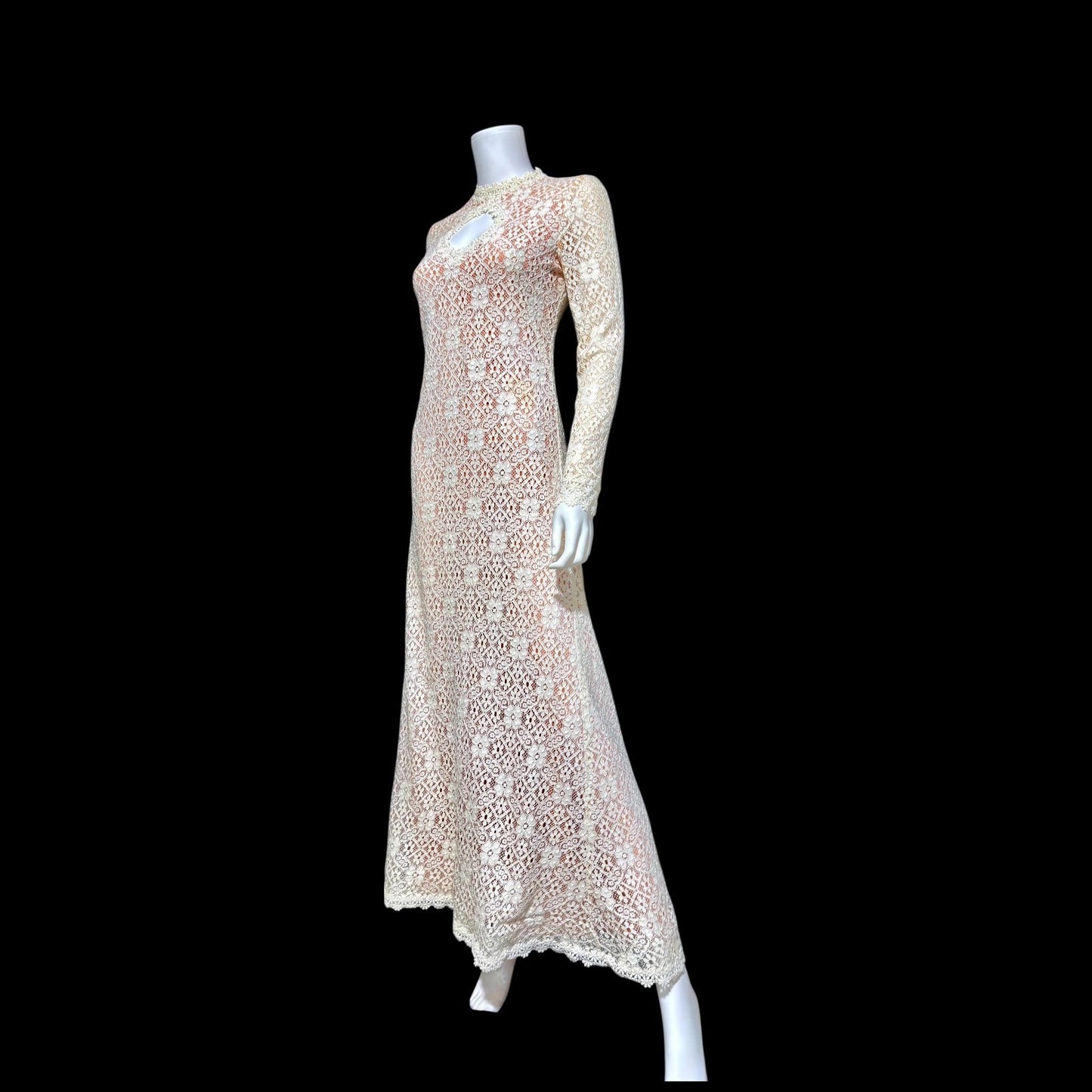 I MAGNIN vintage 1970s crochet maxi dress, Rebecca white cotton lace boho wedding dress